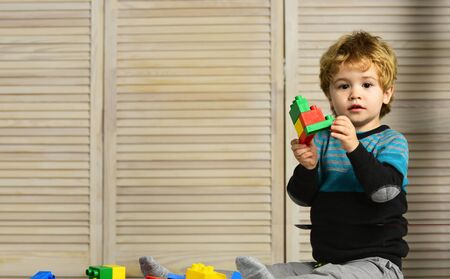 Childhood and educational activities concept. Boy plays with legoの写真素材