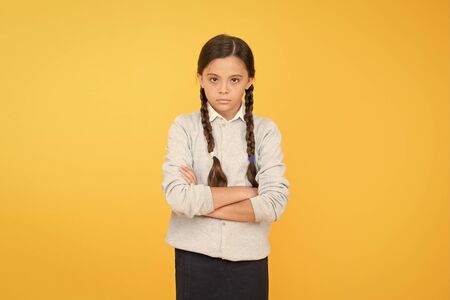 Schoolgirl calm serious pupil long hair. Beginning of academic year. Educational activity....