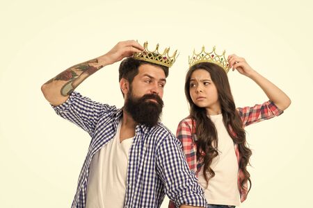 Man proud of daughter. Play game with daughter. Title and achievement. Fatherhood concept. Fun with...