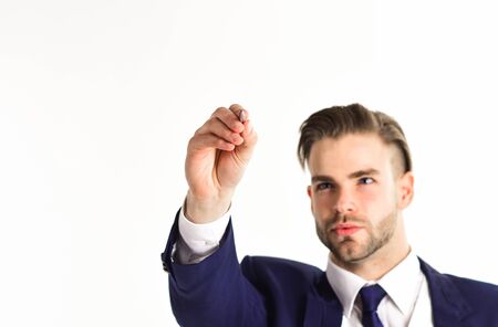 Businessman holds pen or stylus and work with modern technologyの写真素材