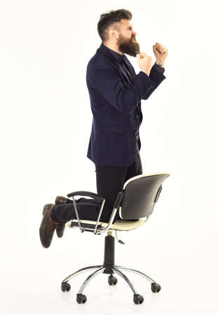 Brutal man screams. Profit, success, joy, positive emotions, business concept.の写真素材