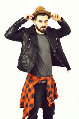 Bearded man, caucasian hipster with moustache and hatの写真素材