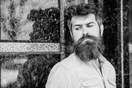 Masculinity and manliness. Confident posture of handsome man. Guy masculine appearance with long beard. Barber concept. Beard grooming. Beard care. Man attractive bearded hipster posing outdoorsの写真素材