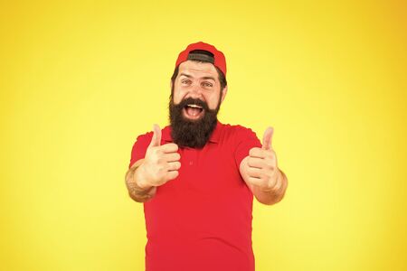 successful day. Beard and mustache grooming. happy mature hipster yellow background. bearded man celebrate success. male summer fashion. Barber salon and facial hair care. being trendy and brutalの写真素材