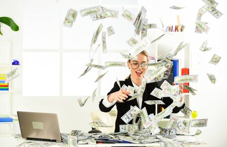 easy money. economy and finance. rich bank worker. investment in yourself. businesswoman with office...