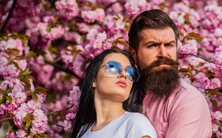 Pink flowers of cherry tree. Man and woman in love. Loving couple under blossoming branches spring day. Couple enjoying a moment in blossoming garden. man and woman in cherry bloomの写真素材