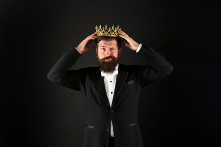 Man representing power and triumph. Business king. Businessman wear crown. Success in business....