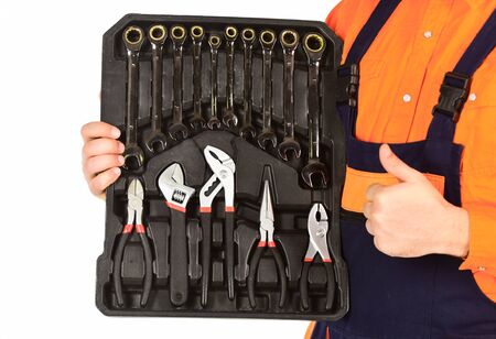 Really good tools. Handyman concept. Professional equipment. Toolbox talk. Mechanic Tool Box. Man in...