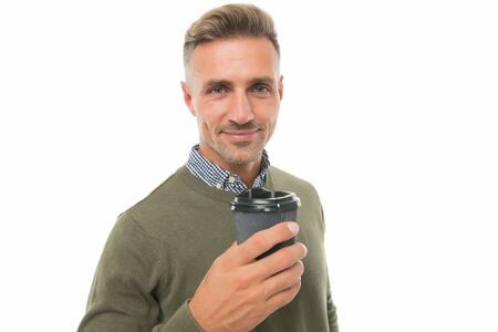 Coffee makes everything possible. Handsome guy hold coffee isolated on white. Happy man enjoy...