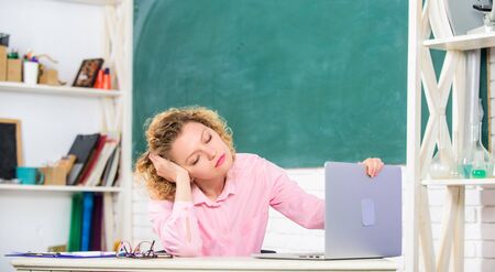 Exhausting lesson. Teacher exhausted after hard working day. School pedagogue stressful occupation....
