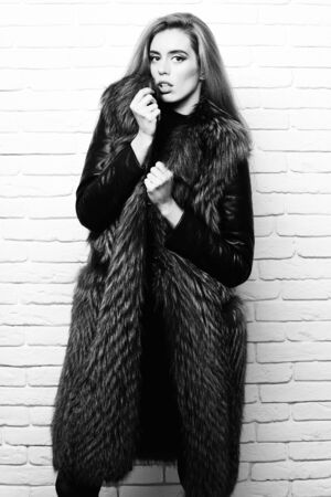 fashionable sexy woman in fur on white brick wall studio backgroundの写真素材