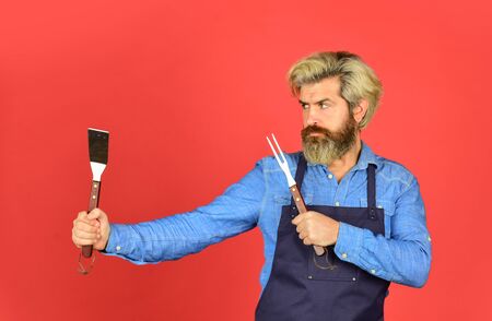 Tools for roasting meat. Who cook better. Ultimate cooking challenge. prepare dinner for family. use cooking utensils and various products. mature chef use cooking utensils for barbecueの写真素材