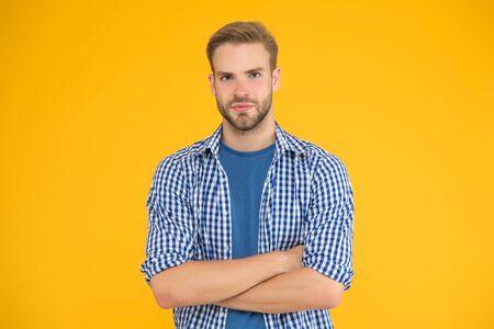 Feeling confident. Confident guy keep arms crossed. Confident look of fashion model. Menswear store....