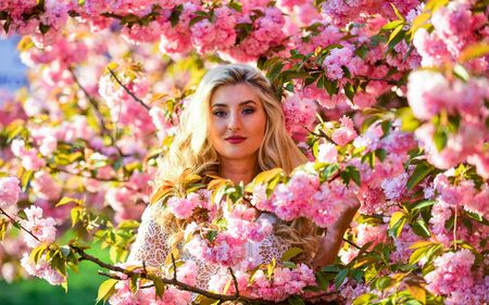 Spring collection. pure beauty female. carefree and happy woman. sexy girl enjoy sakura bloom....