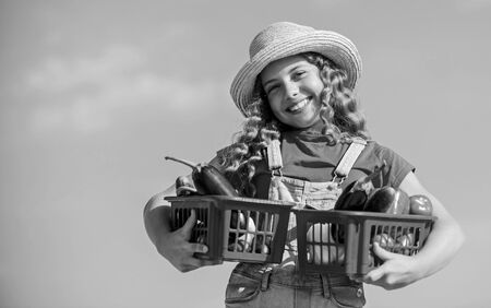 Friendly look. harvest vitamin. spring market garden. little girl vegetable in basket. Only natural. kid on summer farm. Organic food. happy little farmer. autumn harvest. healthy food for childrenの写真素材