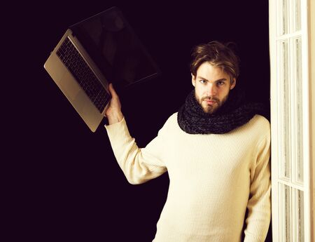 handsome bearded guy with laptop copy space
