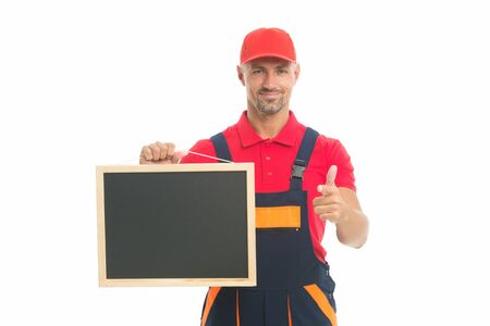 Planning a new construction. presenting useful information. man in overall with empty board. place for copy space. announcement concept. male construction worker with presentation Planning a new construction. presenting useful information. man in overall with empty board. place for copy space. announcement concept. male construction worker with presentation