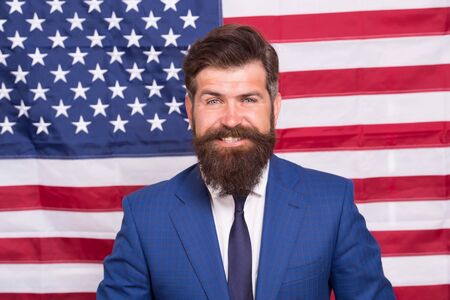 Forward. 4th of July Independence day. work and travel in usa. he is true american. Patriotic spirit. Happy man celebrate 4th of July. successful business trip to usa. explore america on vacationの写真素材