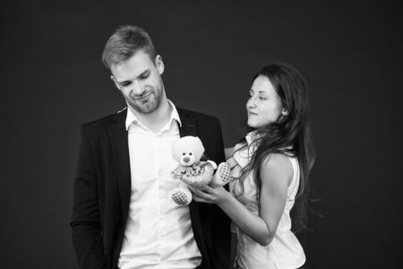 Couple in love celebrate valentines day. Surprise. Unacceptable initiative. Love and romance. Gift...