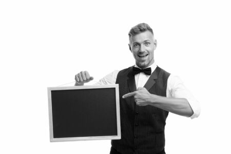 Call this number. Restaurant food. Restaurant owner. Hiring staff. Restaurant workers wanted. Cafe shop advertisement. Happy hours. Mature man waiter hold blackboard copy space. Visit us contactsの写真素材