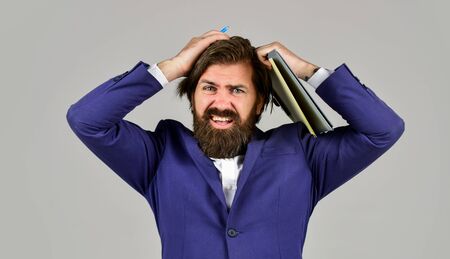 oh no. company executive working with documents. mature man in jacket hold office folder. business...