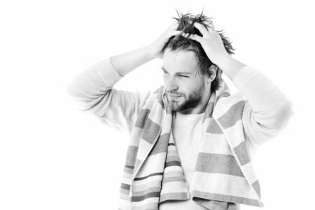 Guy with striped blue and white towel on shouldersの写真素材