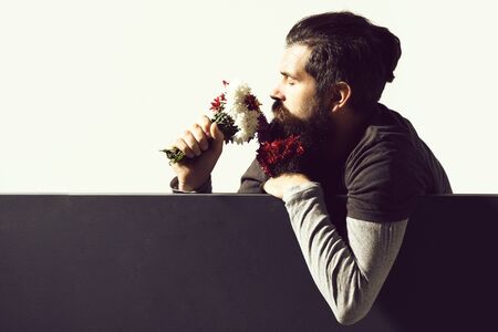 hipster with flowers in beard on white gray studio background,copy spaceの写真素材