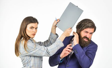 fight in modern office. woman and man do business. businessman punish colleague. conflict at work....