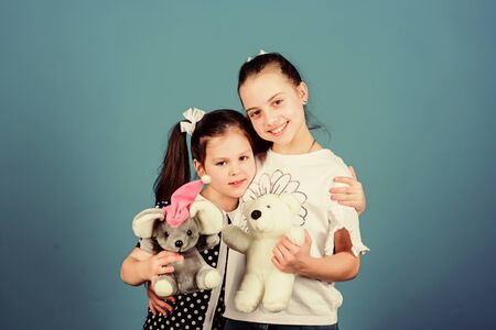 Love and friendship. Kids adorable cute girls play with soft toys. Happy childhood. Child care. Sisters or best friends play. Sweet childhood. Childhood concept. Preparing for life. Toys storeの写真素材