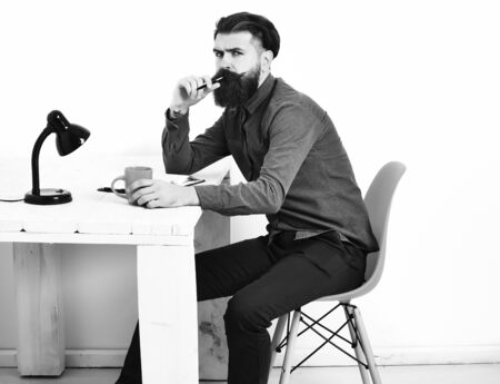 Bearded man, brutal caucasian serious hipster with moustacheの写真素材