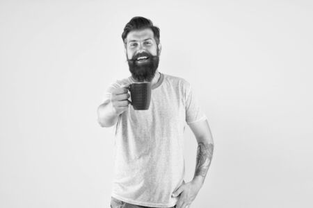 sip of inspiration. brutal hipster drinking beverage. hot drink mug. man casual style drink tea. good morning coffee. Morning tea cup for breakfast. break for lunch. Morning starts with coffeeの写真素材