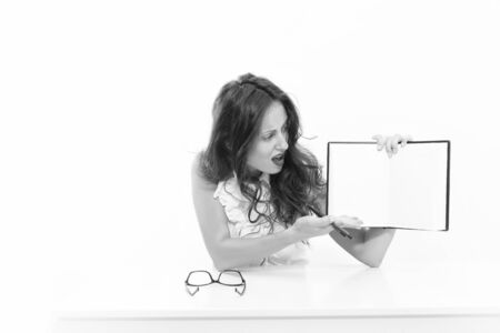 Workflow in full swing. Too busy to stop. Businesswoman in eyeglasses panicking too busy. girl busy with paperwork in office. Female office worker is tired of work and exhausted. Copy spaceの写真素材