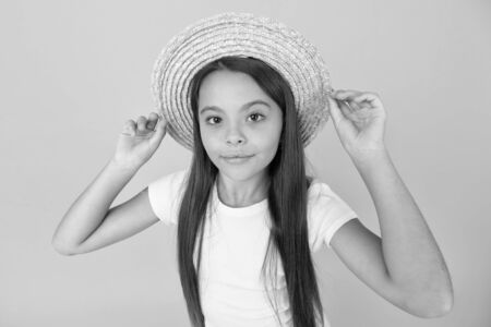 Summer vacation outfit. Ready to relax. Teen girl summer fashion. Little beauty in straw hat. Beach style for kids. Visit tropical islands. Turn back brim straw hat. Happy kid relaxing summer resortの写真素材