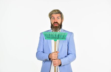 Businessman hold broom.の写真素材