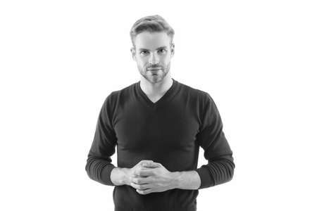 Catwalk model. Male fashion and beauty. Menswear shop. Barber services. He always looks impeccable. Looking trendy. Handsome man isolated on white. Unshaven man. Hipster guy. Hairdresser salonの写真素材