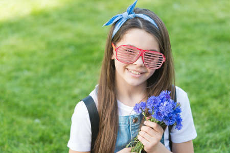 Gift delivery, satisfaction guarantee. Happy girl hold flower bunch. Shop floral gift. Holiday...