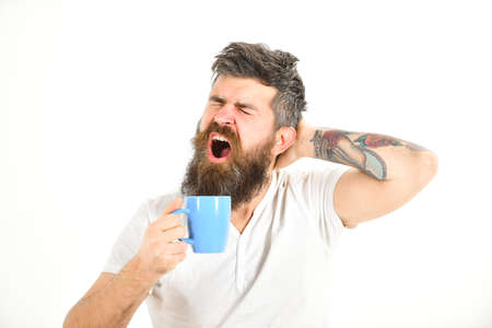 Sleepy hipster with beard and mustache holds mug in hand.の写真素材