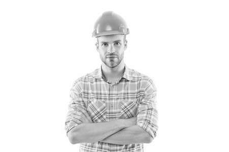 Work feed a man. Man or workman isolated on white. Confident man in hard hat. Construction worker or...