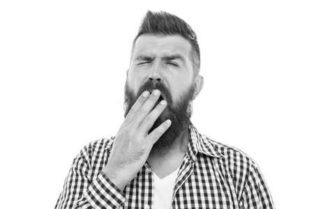 Boring concept. Man bored yawning white background. Fed up. Feel tired and sleepy. Sleepy guy. Bored worker yawning. Hipster cover mouth with palm while yawning. Why people yawn. Show indifferenceの写真素材