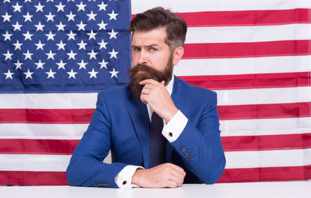 National holidays. Celebration of victory. Bearded hipster man being patriotic for usa. American...