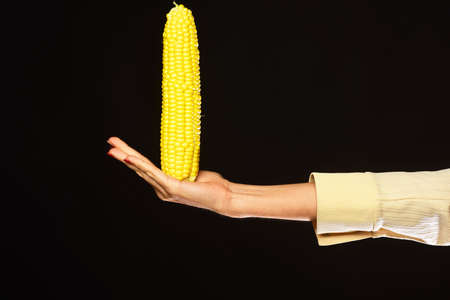 Female hand holds corn isolated on black backgroundの写真素材