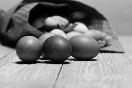 colorful easter eggs in nest, pink beautiful tulips, mothers dayの写真素材