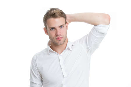Use right product styling hair. Confident with tidy hairstyle. Barber hairstyle tips. Man bearded guy think which hairstyle he likes today isolated on white. Simple hacks to make hairstyle betterの写真素材