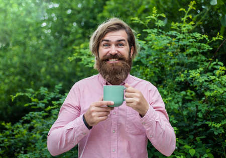 Enjoying morning coffee. happy man drink fresh morning coffee. good morning to you. feel real...