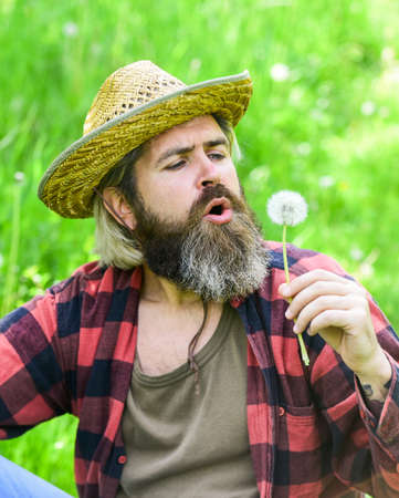 Mental health. Peaceful guy blowing dandelion. Happy and carefree life. Peace of mind. Rest and...