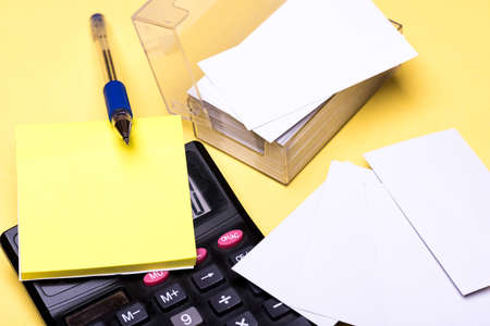 Business cards with empty space in box and sticky notes