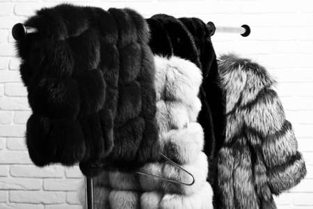 fashionable fur on hangers on brick wall studio background