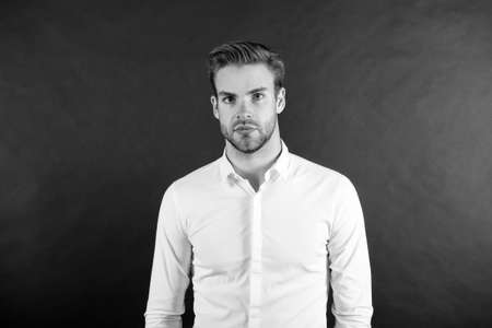 Look more handsome and attractive. Handsome man isolated on white. Handsome look of young guy. Mens grooming. Proper skincare. Fashion and style. Unshaven but handsomeの写真素材