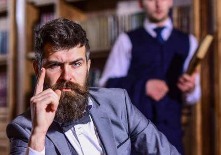 Man with beard and strict face found out riddle.の写真素材