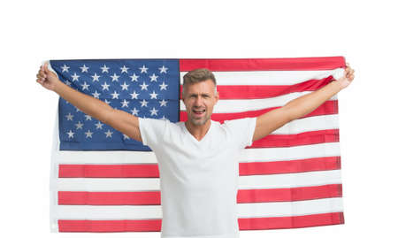 Man with american flag proud citizen USA, justice and rights conceptの写真素材